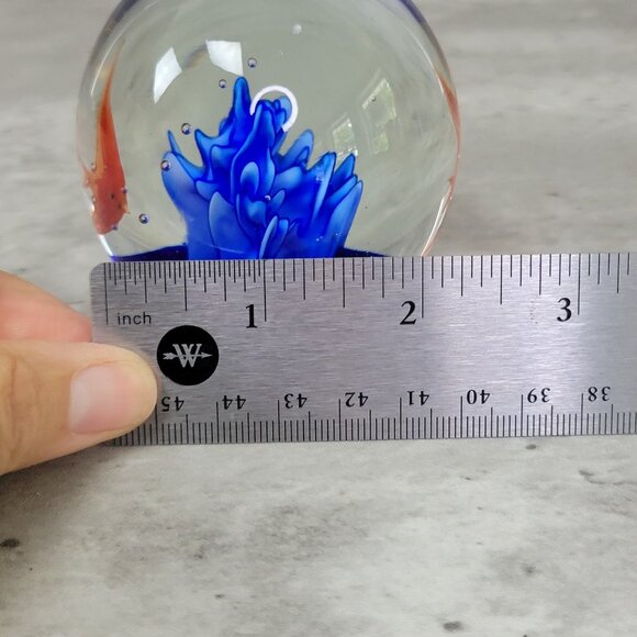 Hand Blown Glass Paperweight Aquarium Orange Fish Blue Coral Art Decor 3" Sphere - Picture 7 of 7